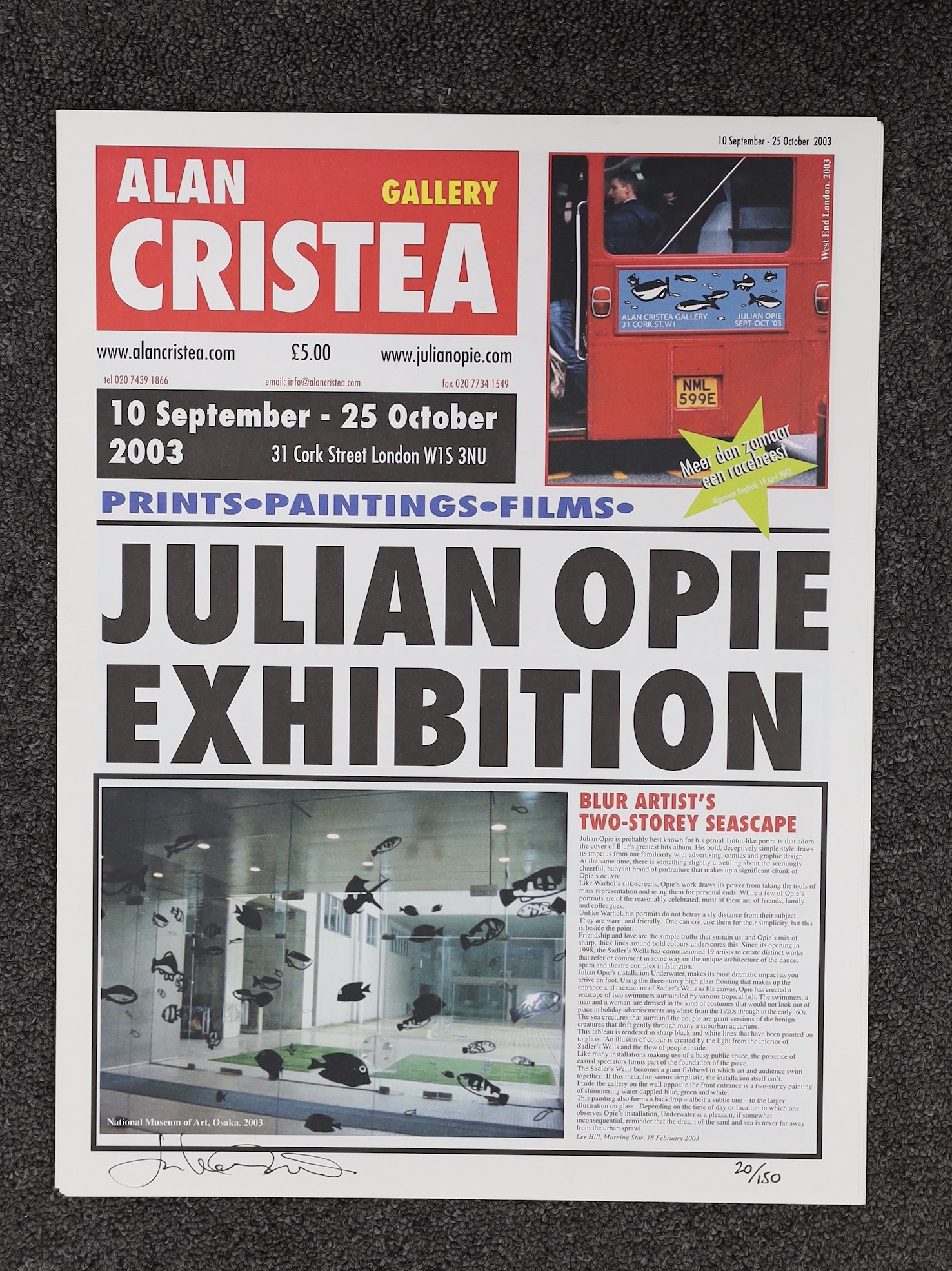 Julian Opie (1958-), limited edition 'newspaper' print for Alan Cristea Gallery, signed and numbered 20/1, year 2003, 41 x 31cm, unframed